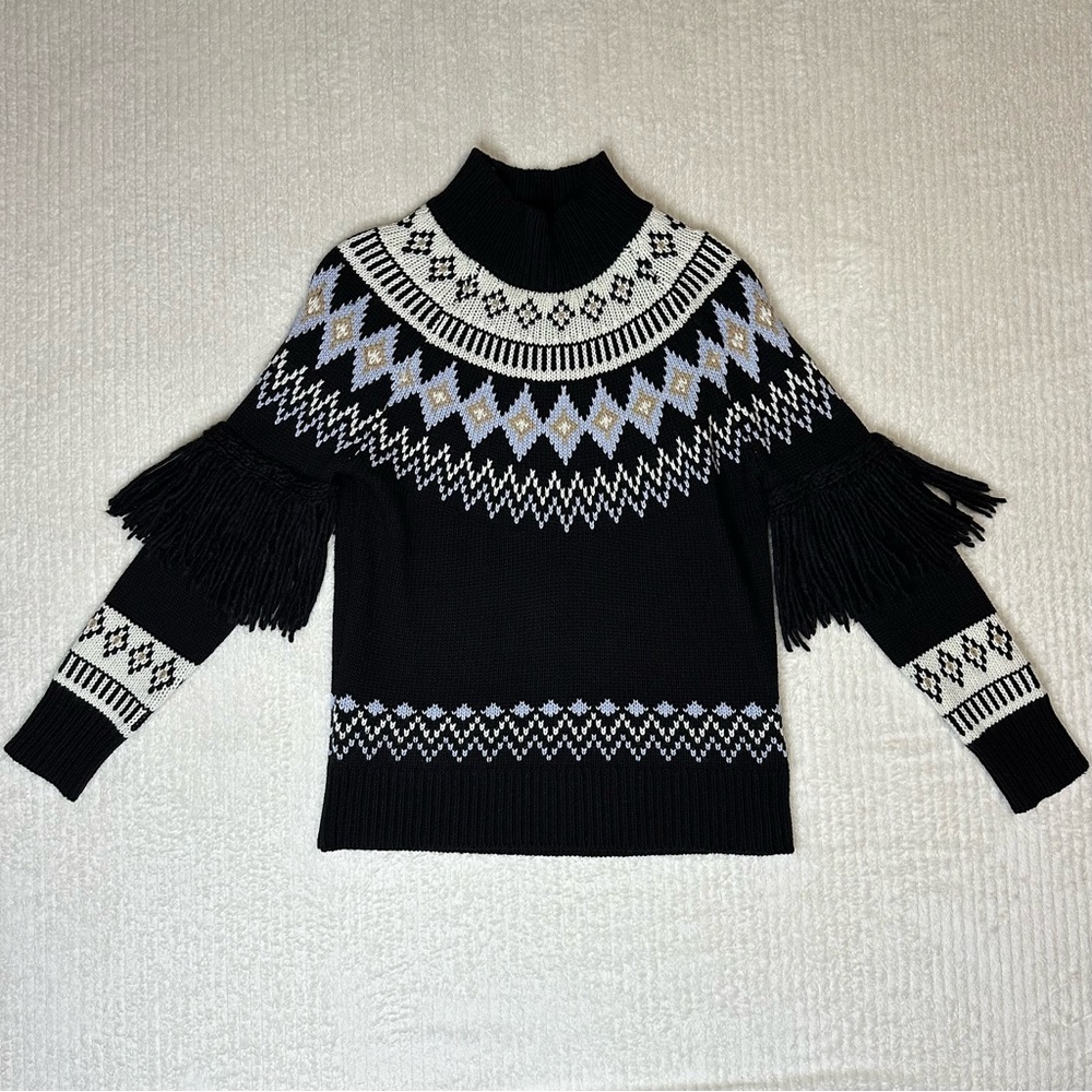 Pearl by Lela Rose Wool Black/Blue Fair Isle Fringe Sweater Size Large